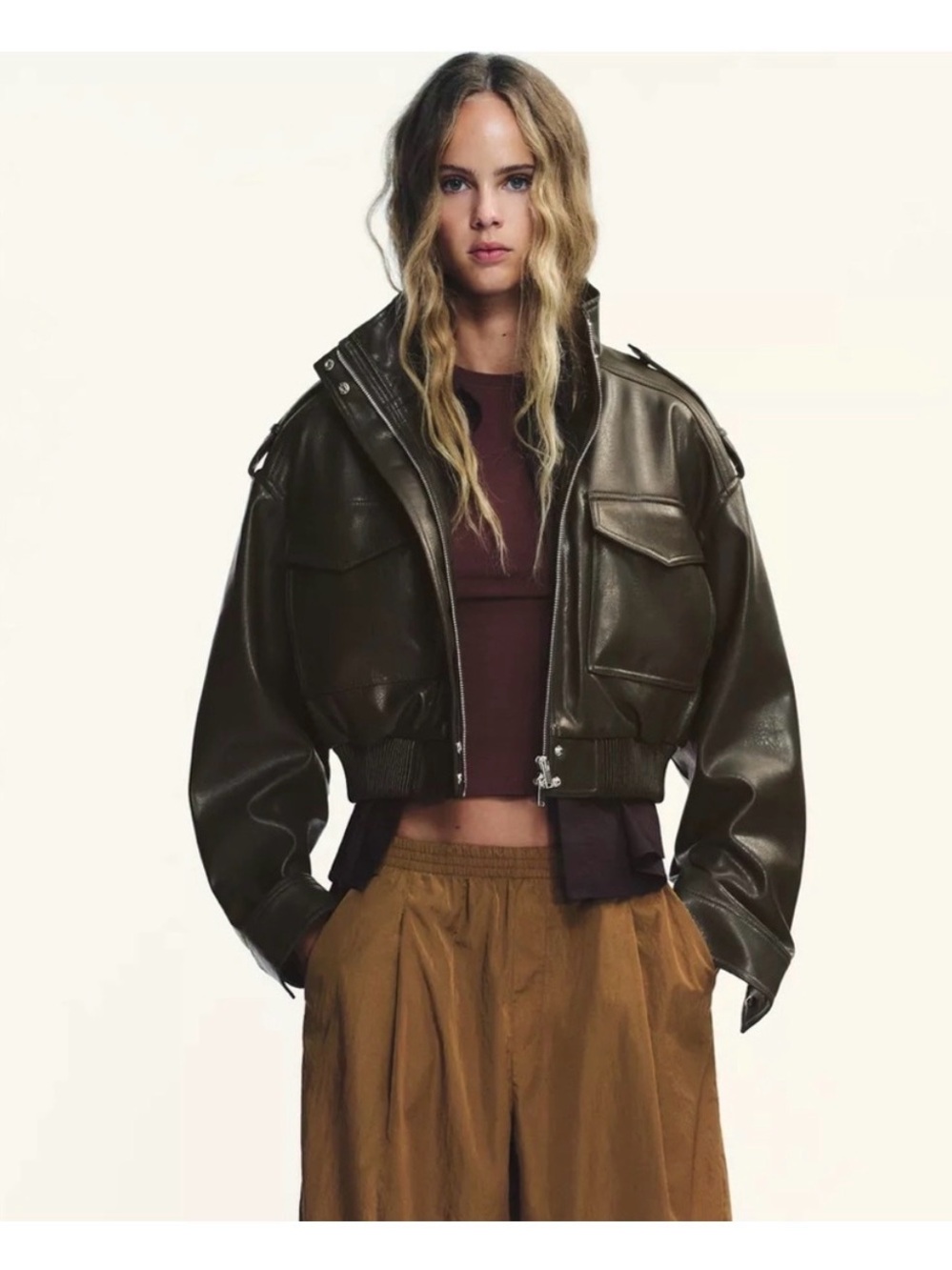 ZARA Cropped Leather Bomber Jacket - Brown